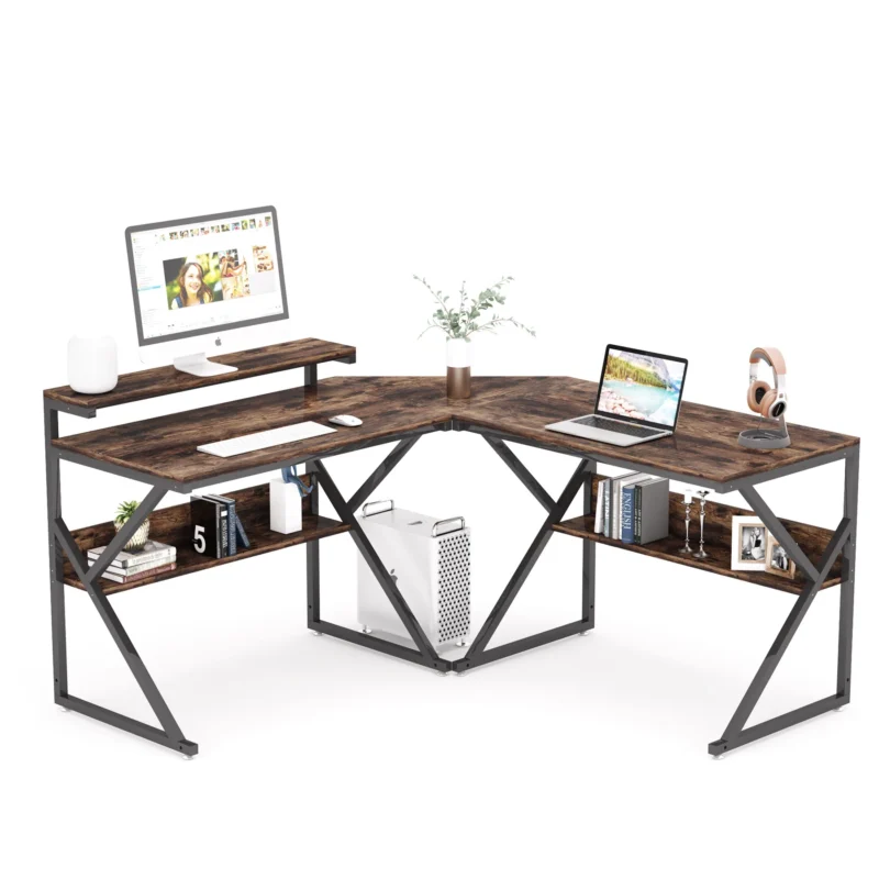 L-Shaped Desk, Corner Computer Desk with Shelves