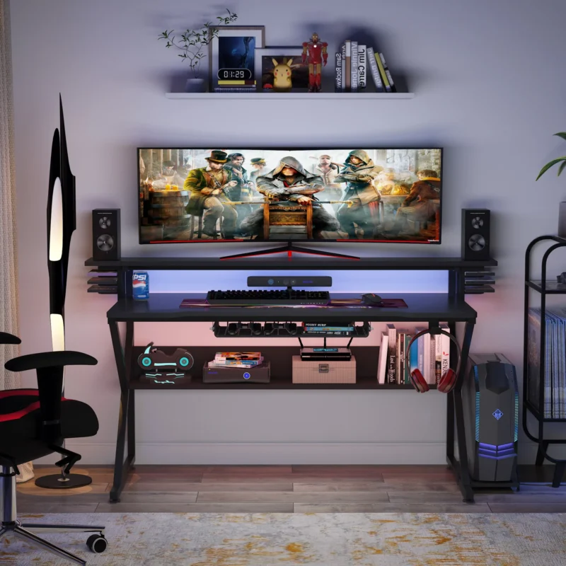 Gaming Desk, Computer Desk with Monitor Stand and Shelf - Image 3