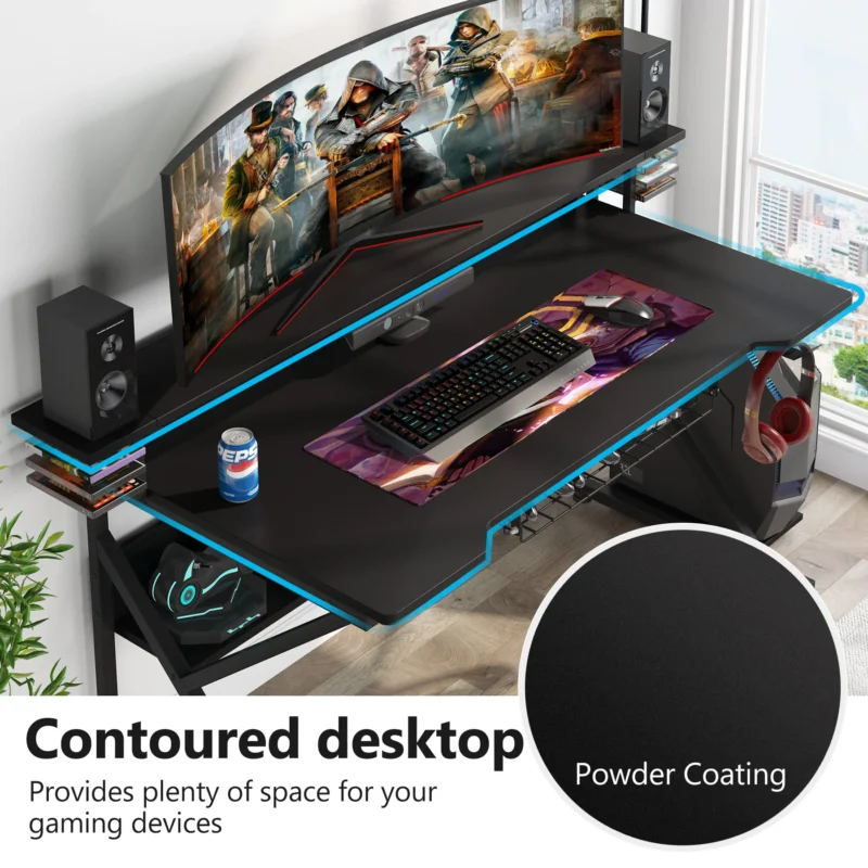 Gaming Desk, Computer Desk with Monitor Stand and Shelf - Image 4