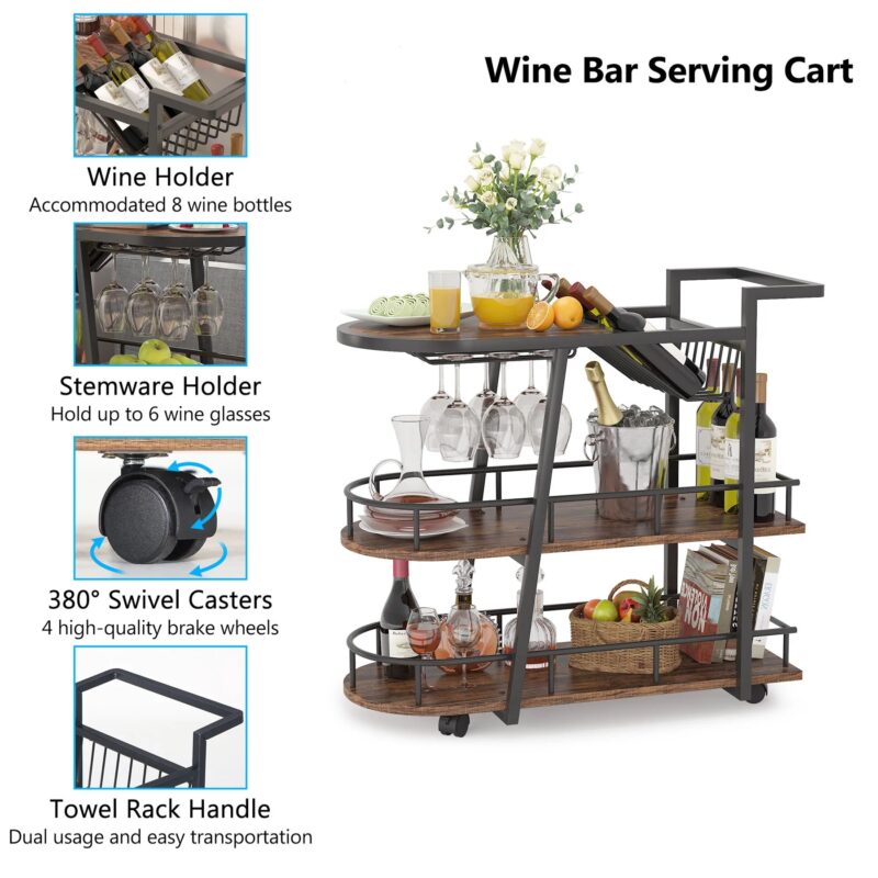 3-Tier Home Bar Serving Cart Kitchen Cart - Image 7