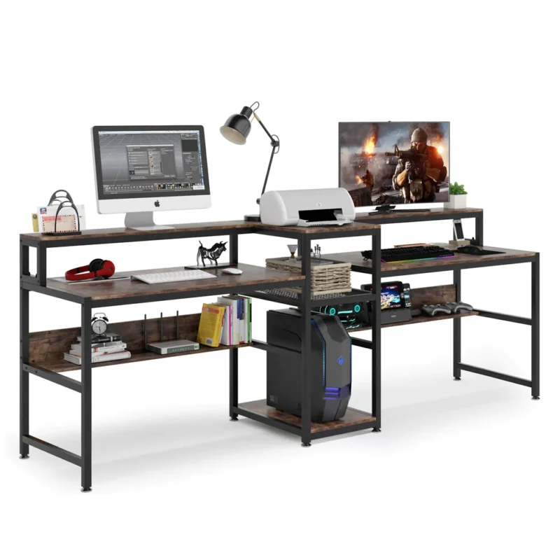 Two Person Desk, 94.5" Computer Desk with Monitor Riser