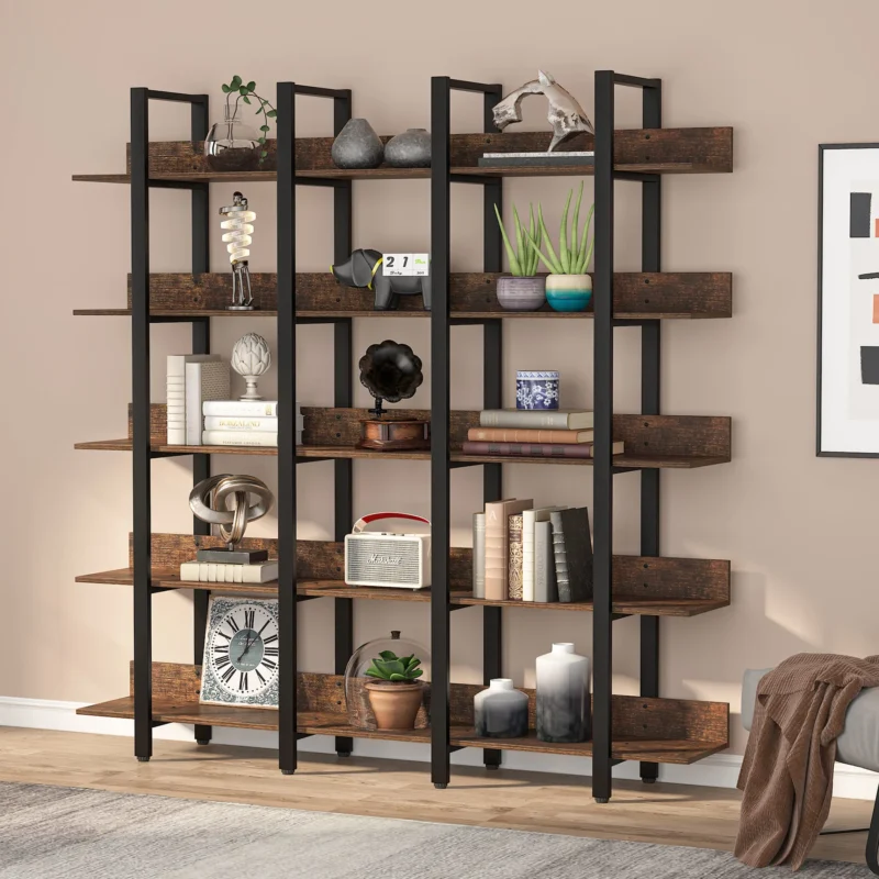 Bookcase, Industrial Triple Wide 5-Tiers Open Bookshelf - Image 3