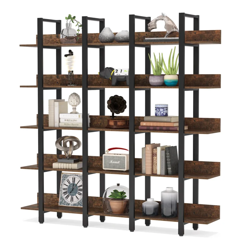 Bookcase, Industrial Triple Wide 5-Tiers Open Bookshelf