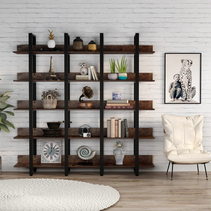 Bookcase, Industrial Triple Wide 5-Tiers Open Bookshelf - Image 4