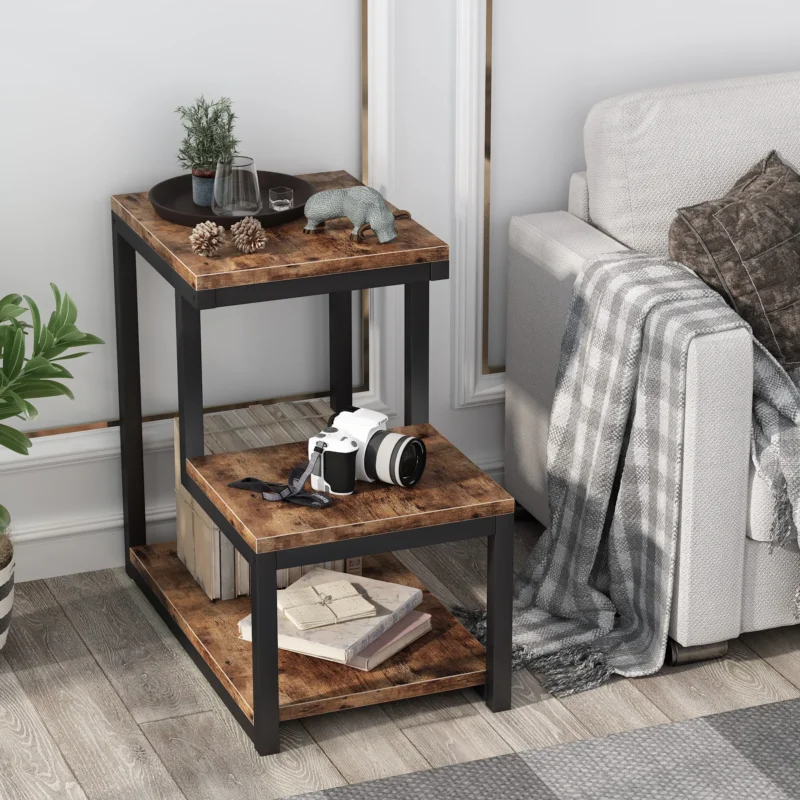 End Table with Storage Shelf, 3-Tier Industrial Ladder-Shaped Nightstand - Image 2