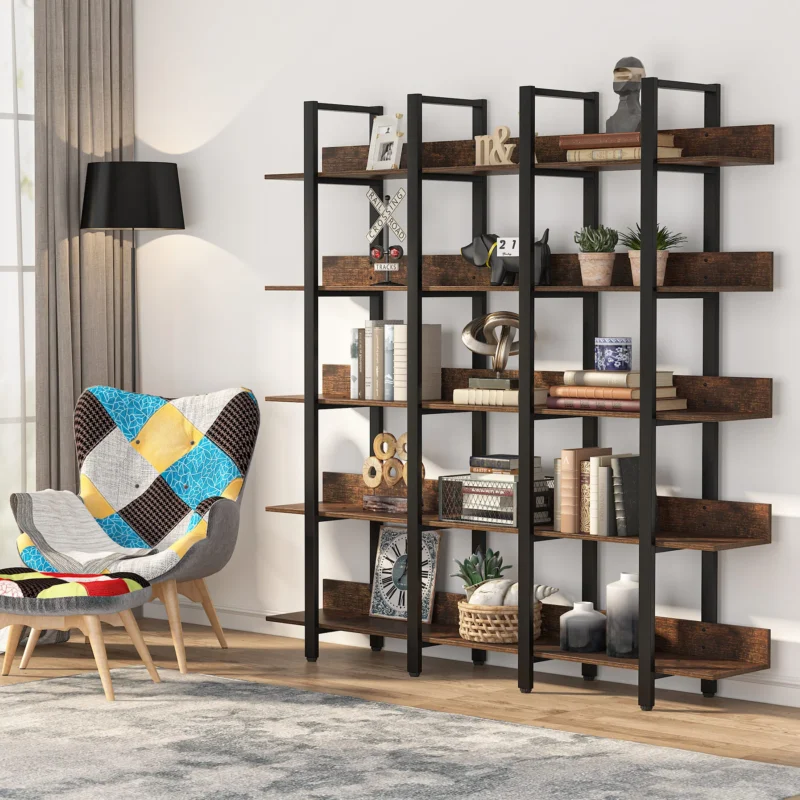 Bookcase, Industrial Triple Wide 5-Tiers Open Bookshelf - Image 5