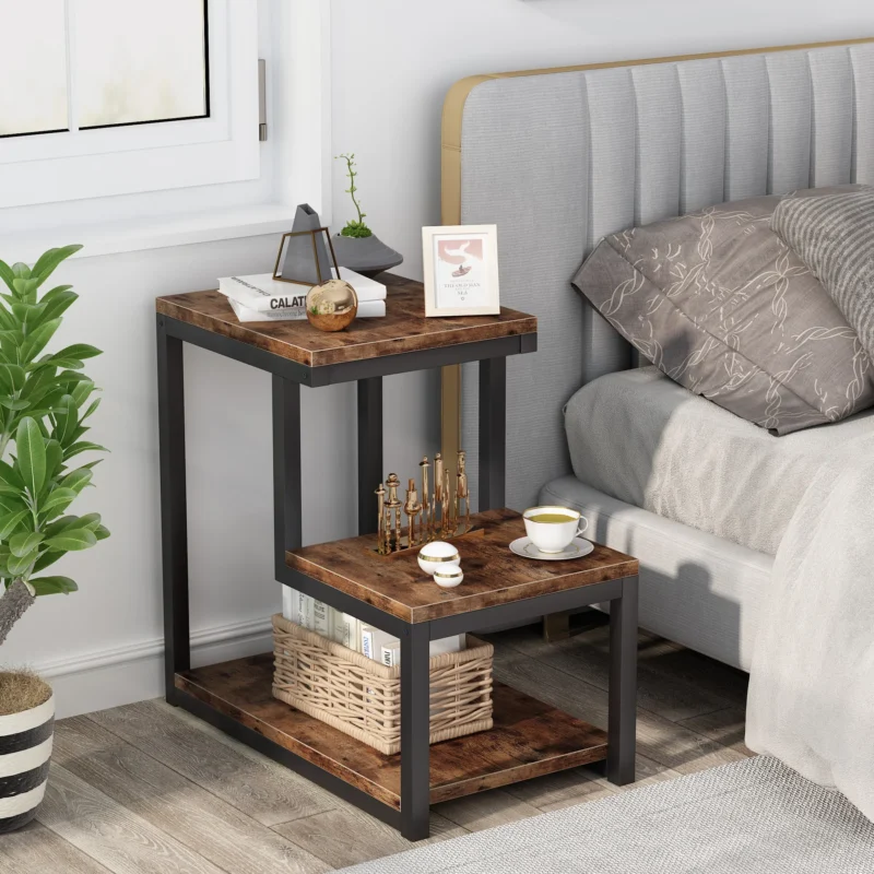 End Table with Storage Shelf, 3-Tier Industrial Ladder-Shaped Nightstand - Image 5