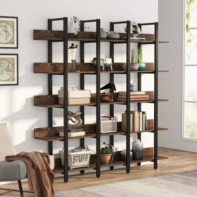 Bookcase, Industrial Triple Wide 5-Tiers Open Bookshelf - Image 6