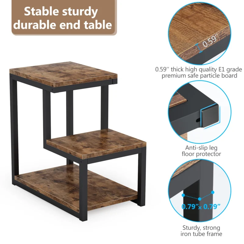 End Table with Storage Shelf, 3-Tier Industrial Ladder-Shaped Nightstand - Image 4