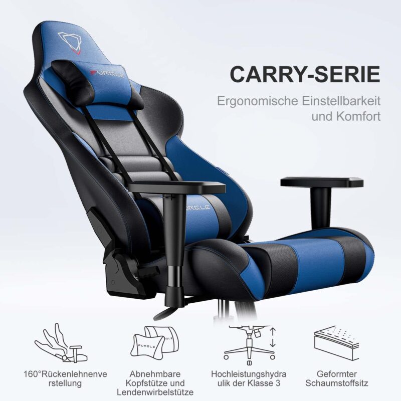 Gaming Chair - Furgle Gamer Chair - Office Chair - Swing Mode - with Headrest and Lumbar Support - Black Blue - Image 7