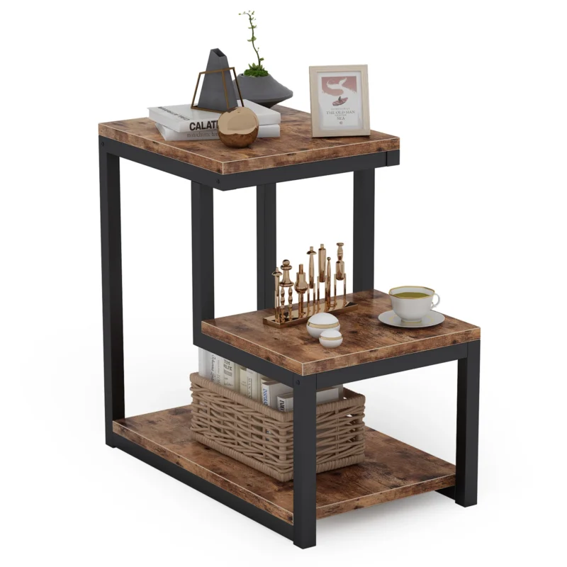 End Table with Storage Shelf, 3-Tier Industrial Ladder-Shaped Nightstand