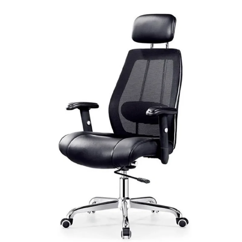 Ergonomic Home Office Desk Chair, High Back Mesh Computer Task Chair with Adjustable Headrest, Leather Seat, Armrest and Lumbar Support, Black