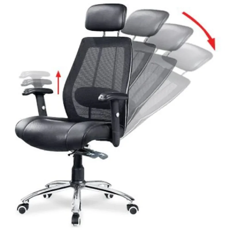 Ergonomic Home Office Desk Chair, High Back Mesh Computer Task Chair with Adjustable Headrest, Leather Seat, Armrest and Lumbar Support, Black - Image 4