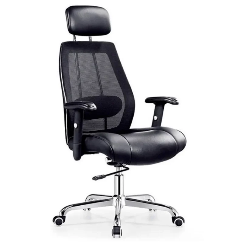 Ergonomic Home Office Desk Chair, High Back Mesh Computer Task Chair with Adjustable Headrest, Leather Seat, Armrest and Lumbar Support, Black - Image 2