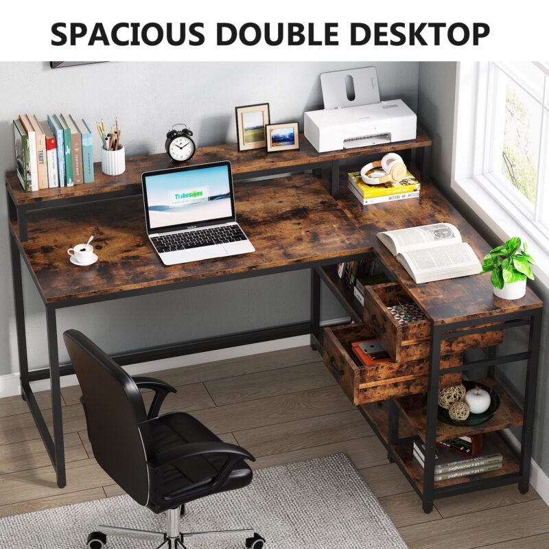 L-Shaped Desk, Industrial Corner Desk with Drawer & Storage Shelves - Image 4