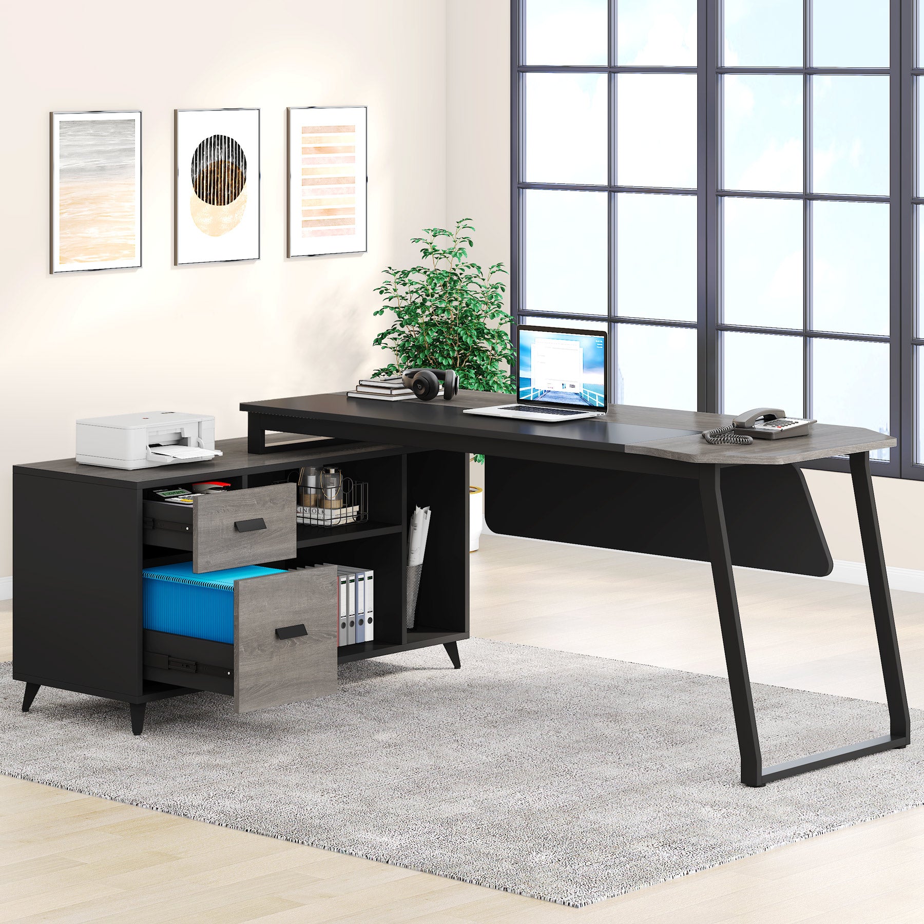 L-Shaped Desk, 70.8 Inch Executive Desk with 47.2 Inch File Cabinet ...