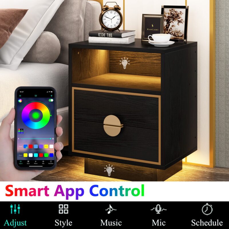 LED Nightstand, 2 Drawers Bedside End Table with Led Lights - Image 4