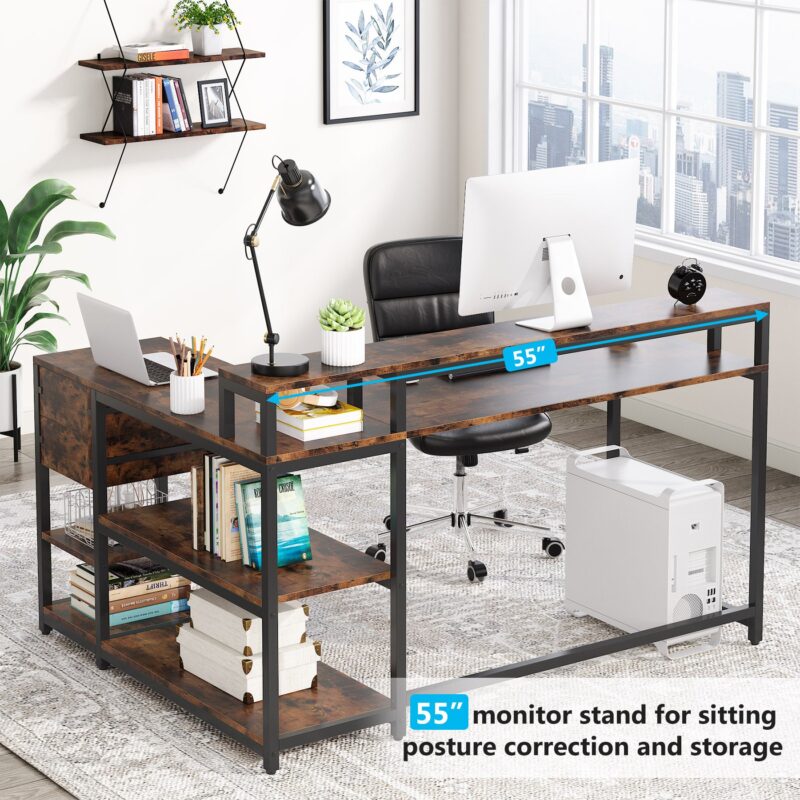 L-Shaped Desk, Industrial Corner Desk with Drawer & Storage Shelves - Image 6