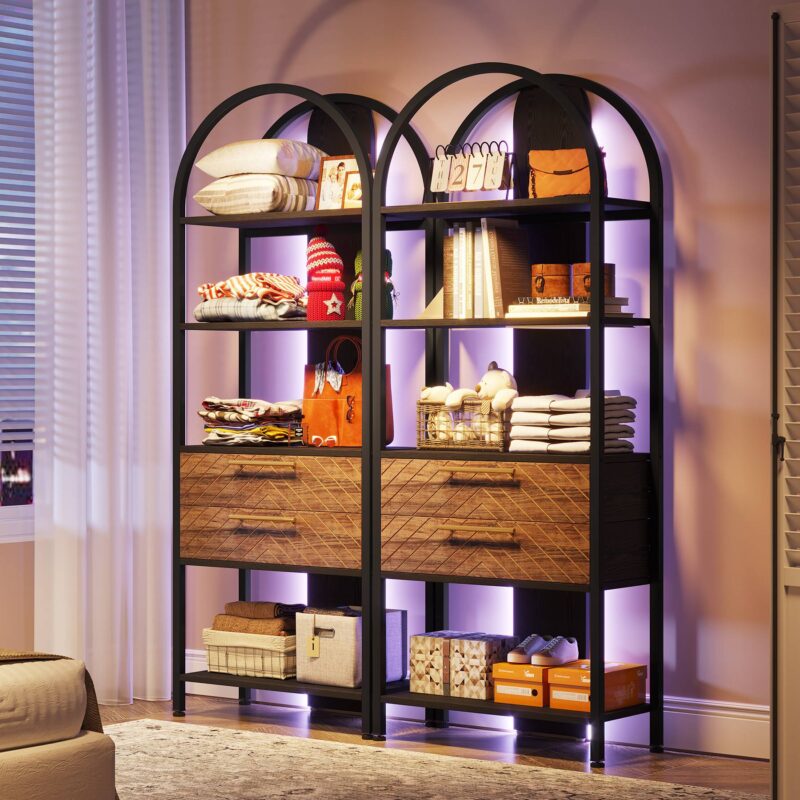 Bookshelf, 4-Tier Industrial Bookcase with 2 Drawers & LED Light - Image 9