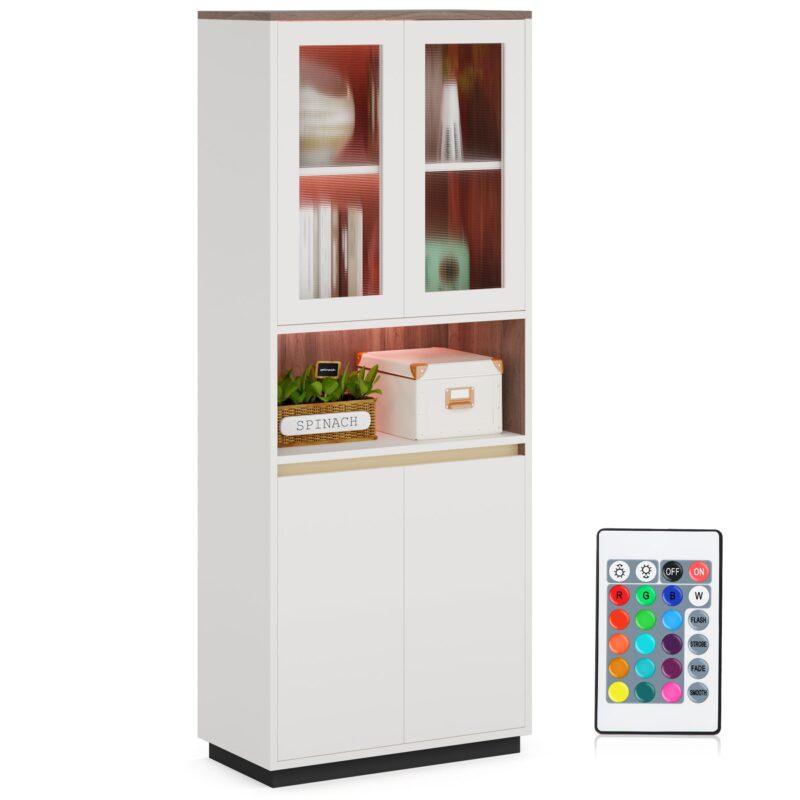 Bookcase, 71” Bookshelf Storage Cabinet with LED Light & Doors