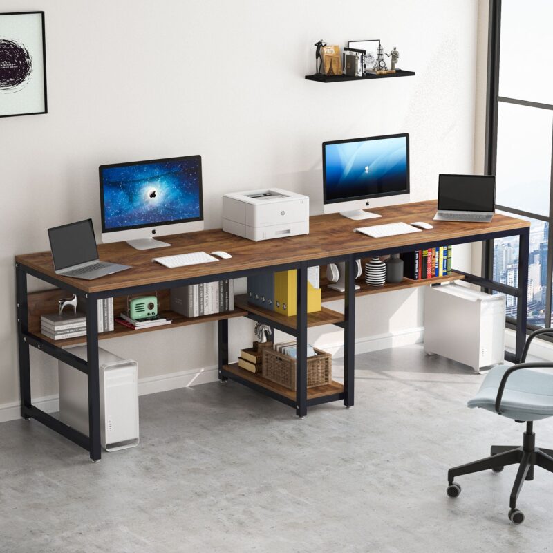 Two Person Desk, Computer Desk Double Workstation with Shelves