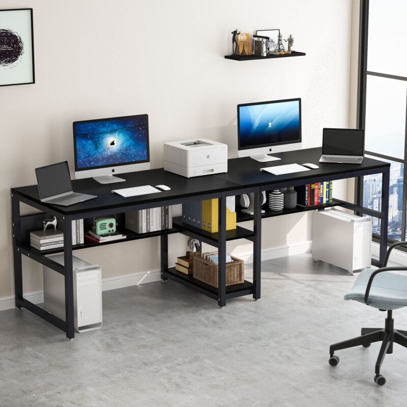 Two Person Desk, Computer Desk Double Workstation with Shelves - Image 2