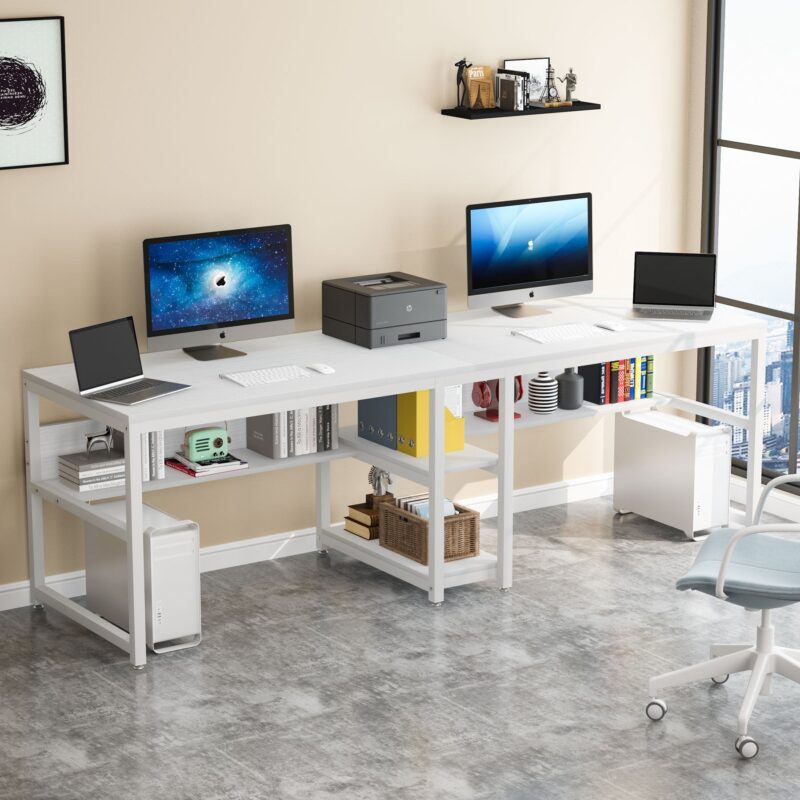 Two Person Desk, Computer Desk Double Workstation with Shelves - Image 9