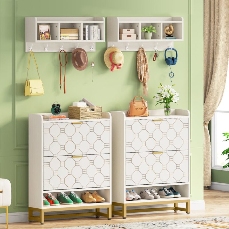 Shoe Cabinet with Cubby Coat Rack and 2 Flip Drawers - Image 4