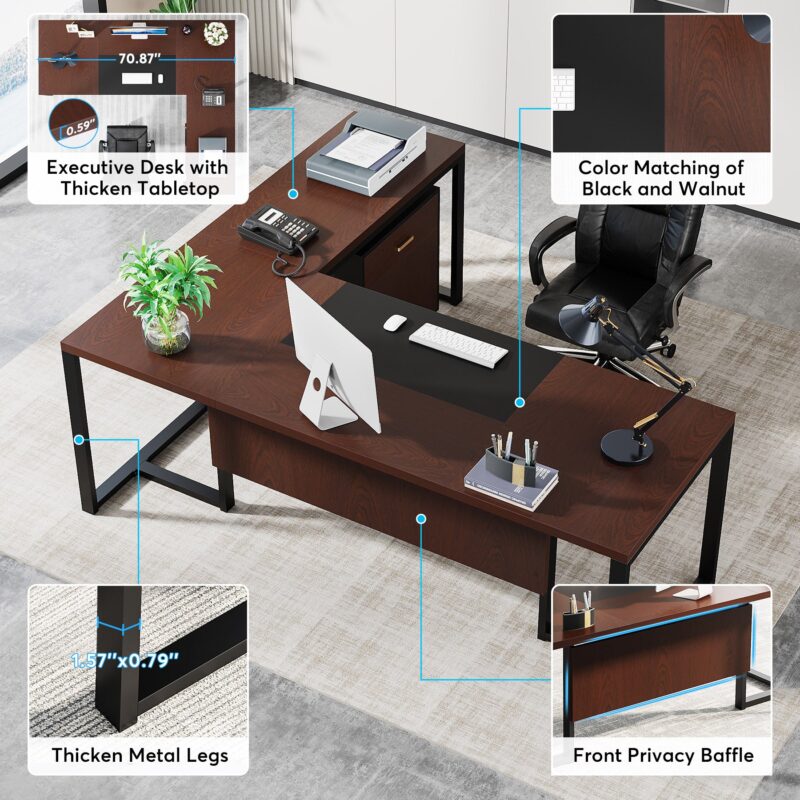 L-Shaped Desk, 70.8’’ Executive Desk with Mobile File Cabinet - Image 7