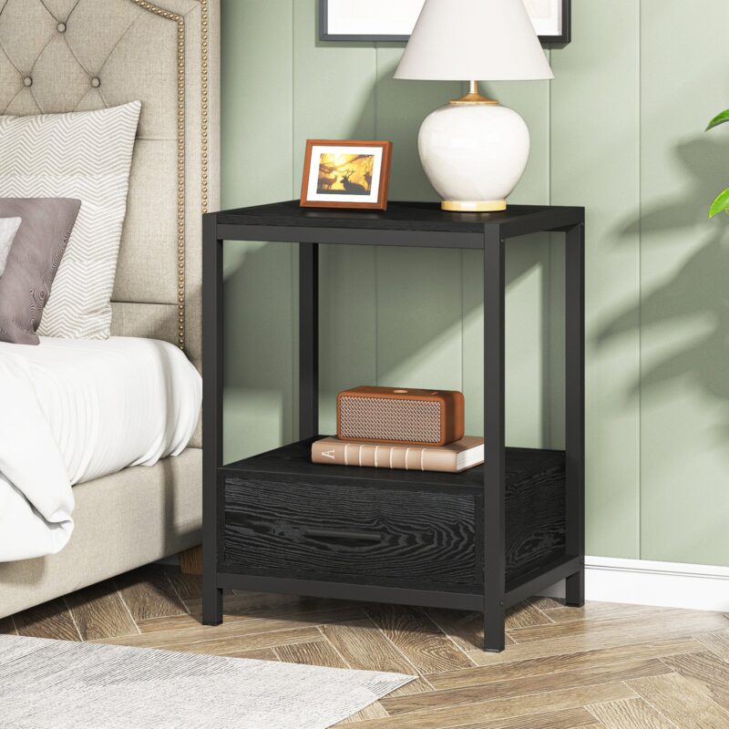 Nightstands, End Side Table with Drawer & Storage Shelf - Image 12