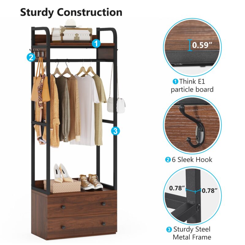 Freestanding Closet Organizer, Coat Rack with Drawers and Shelves - Image 5