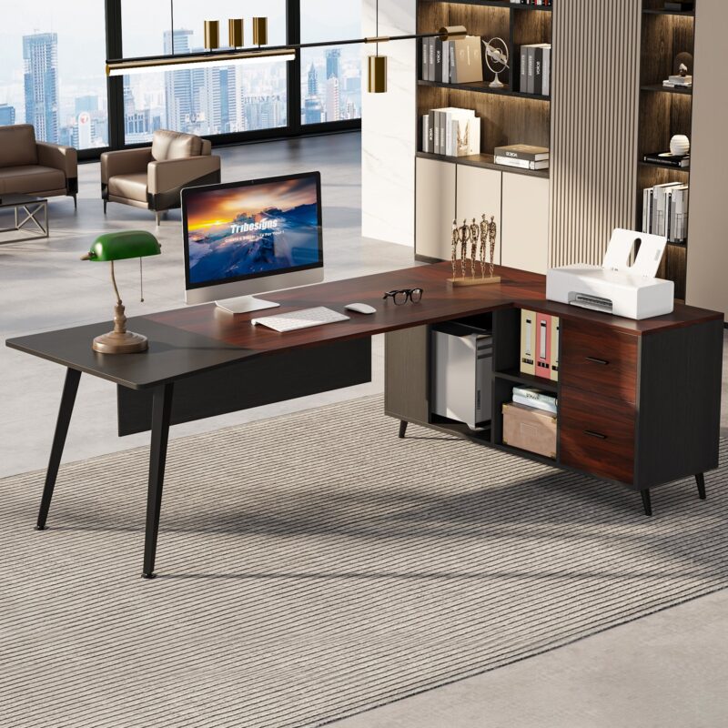 Executive Desk, 87” L-Shaped Computer Desk with 51” File Cabinet - Image 3