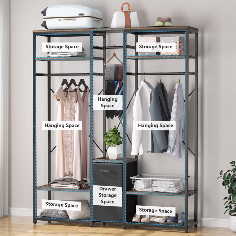 Freestanding Closet Organizer, Metal Garment Rack with Shelves - Image 7