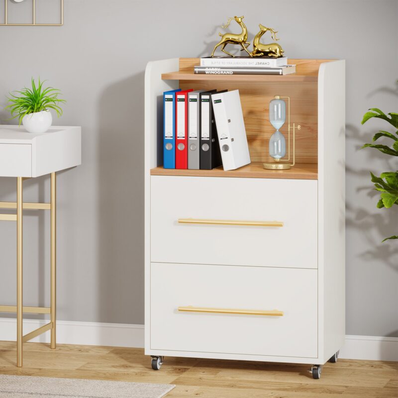 File Cabinet, 2 Drawer Rolling Filing Cabinet with Open Shelves - Image 2