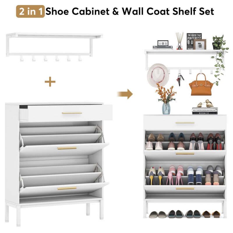 Shoe Cabinet with Floating Shelf, Modern 3 Drawers Shoe Organizer - Image 7