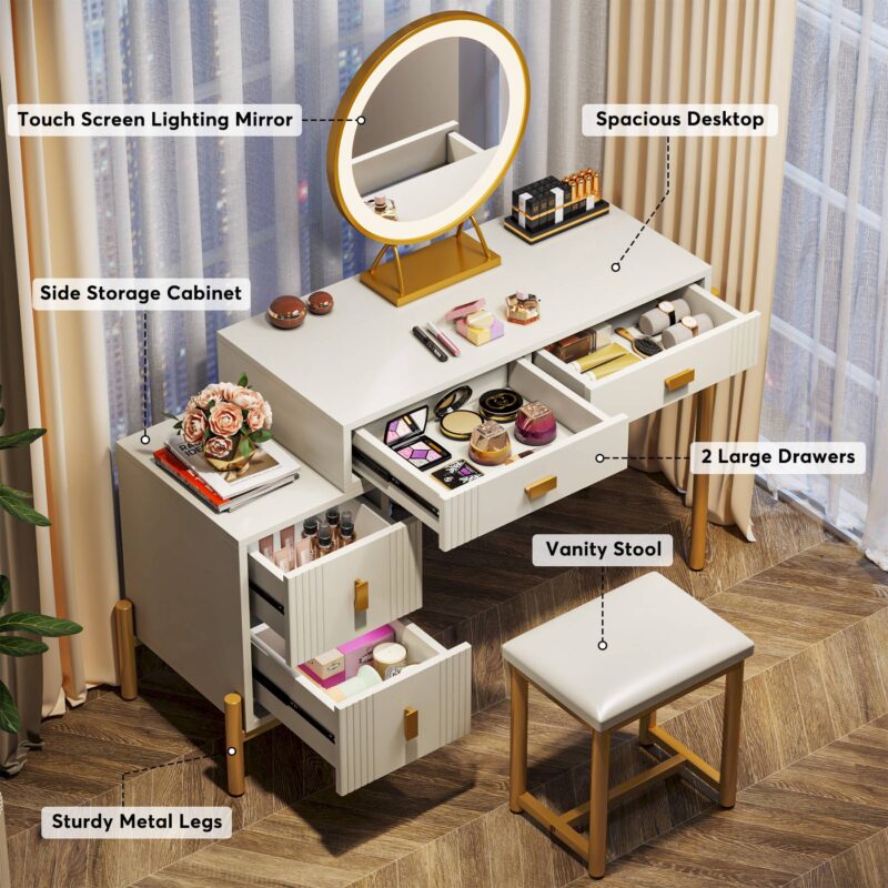 Vanity, Makeup Dressing Table Set with LED Lighted Mirror and Stool - Image 6