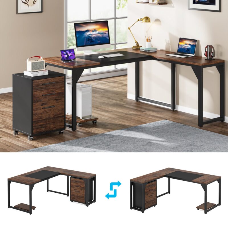 L-Shaped Desk, 63" Executive Computer Desk with Mobile File Cabinet - Image 6