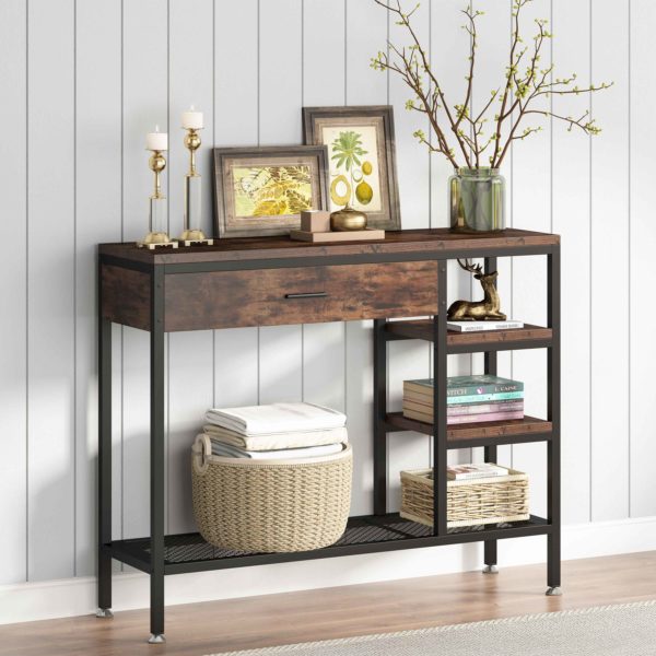 Sofa Console Table with Drawers, Rustic Industrial Entry Table