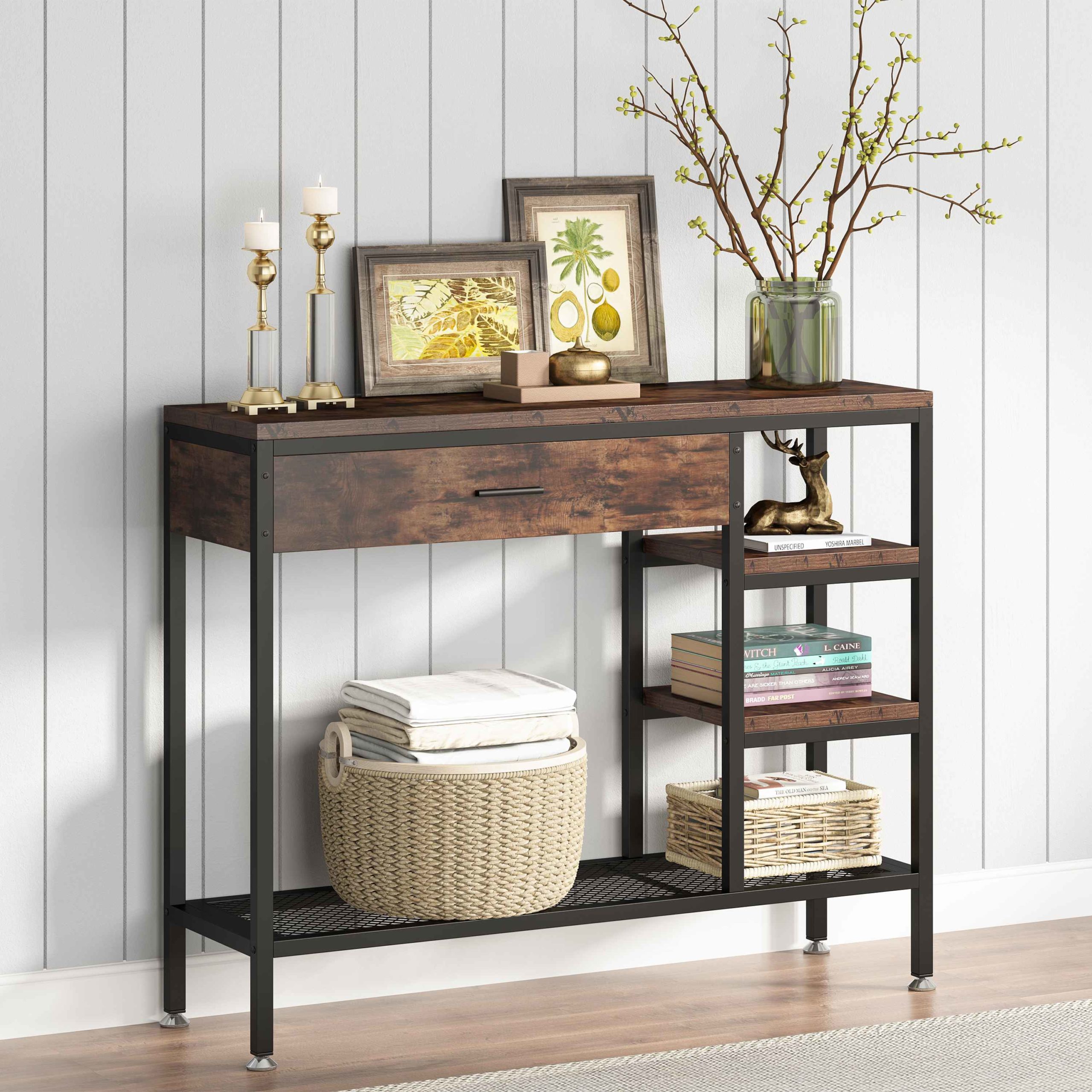 Sofa Console Table with Drawers, Rustic Industrial Entry Table ...