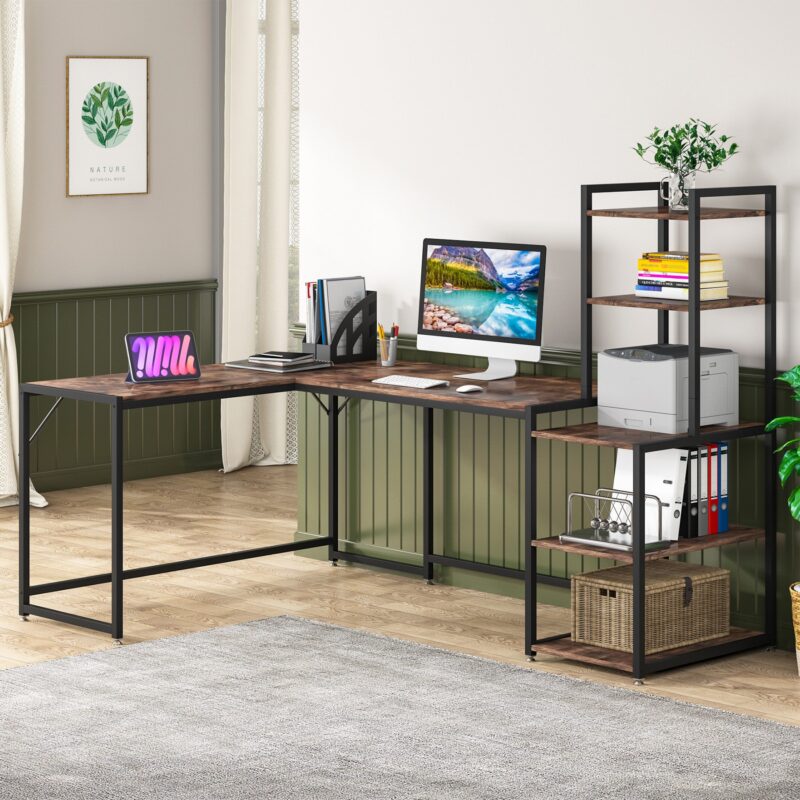 L-Shaped Desk, Reversible Corner Computer Desk with 5 Tier Shelves - Image 2