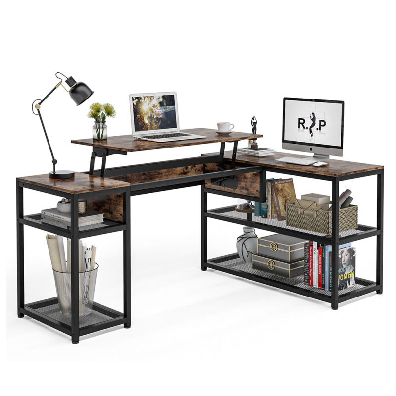 Lift Top L-Shaped Desk, Industrial Height Adjustable Corner Desk