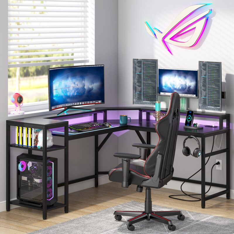 Gaming Desk, L-Shaped Computer Desk with Power Outlets & LED Strips