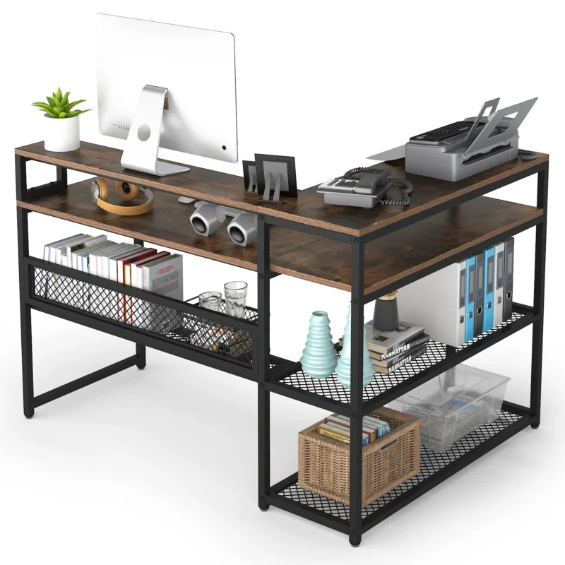 L-Shaped Computer Desk with Open Shelves & Monitor Stand