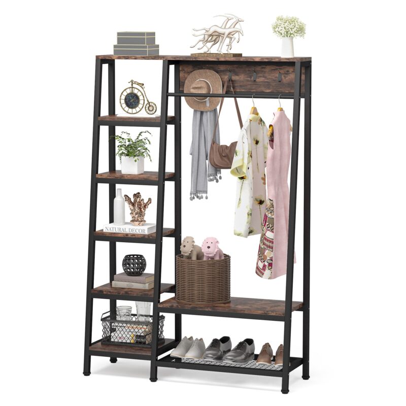 Freestanding Closet Organizer, 5-Tier Shelves Coat Garment Rack