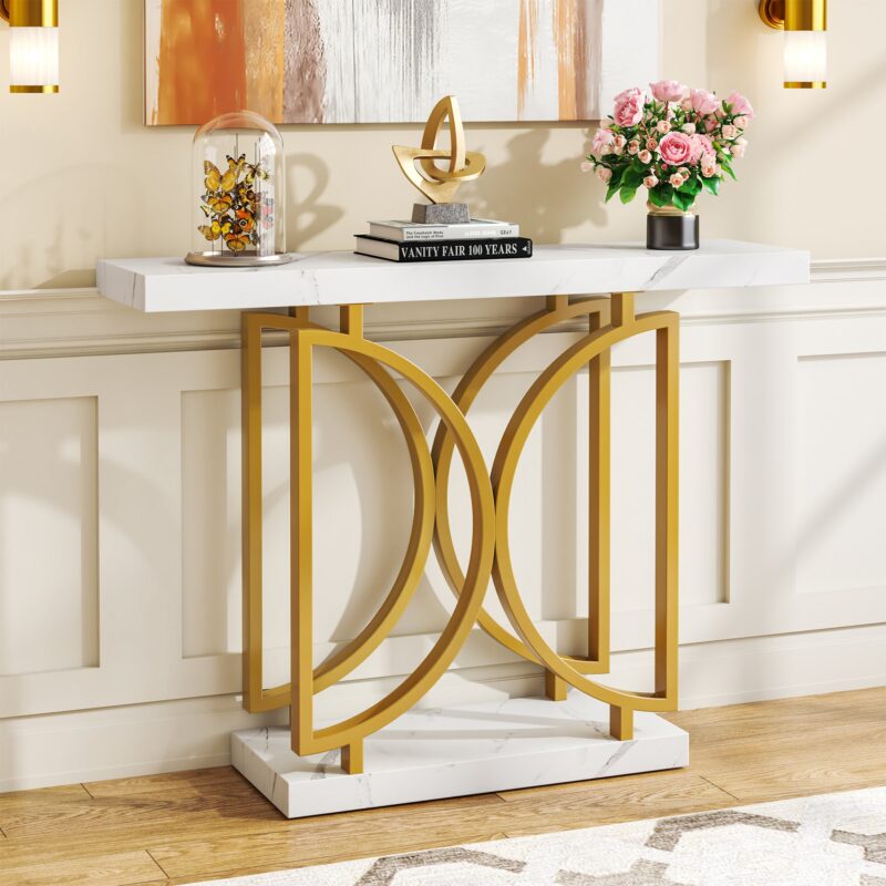 Console Table, Faux Marble Sofa Table with Double D-Shaped Metal Base - Image 2