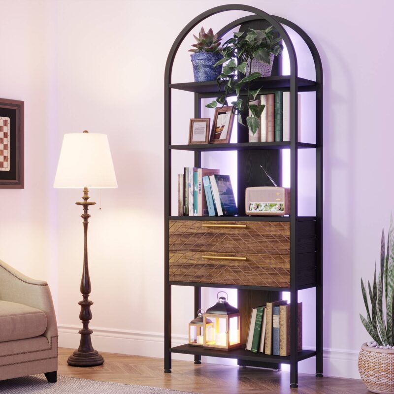 Bookshelf, 4-Tier Industrial Bookcase with 2 Drawers & LED Light