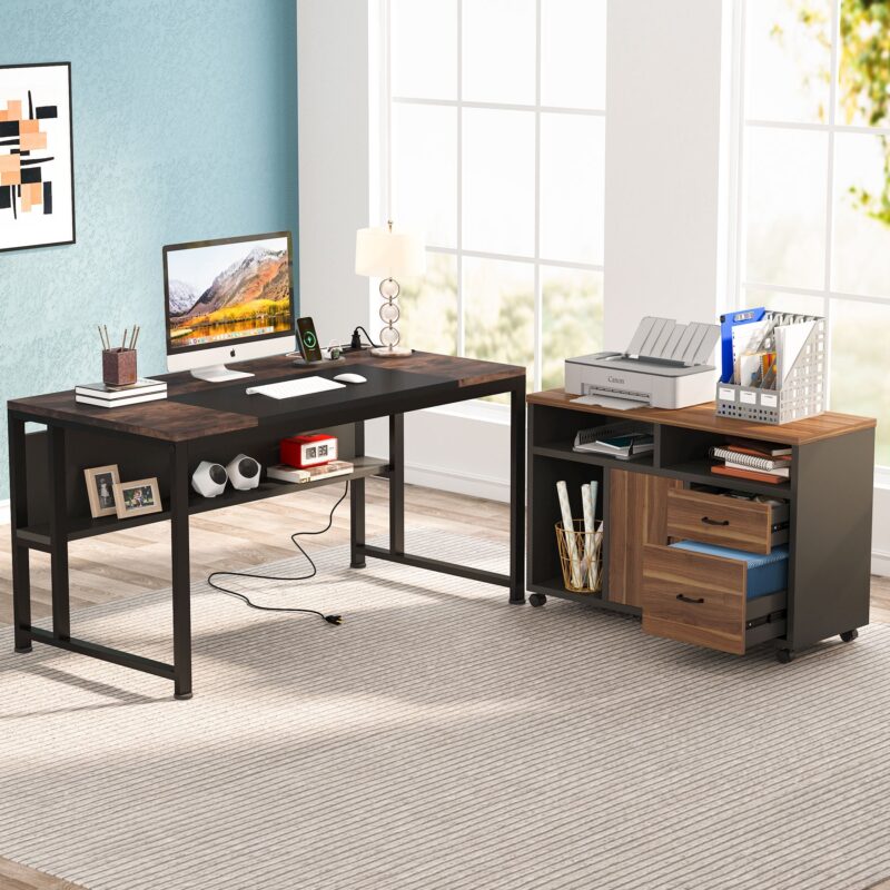 L-Shaped Desk, 55" Executive Computer Desk with File Cabinet & Power Outlet - Image 2