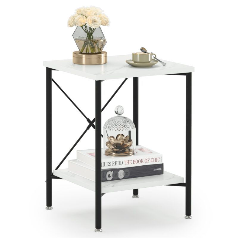 End Table, Modern 2-Tier Faux Marble Side Table, Nightstand