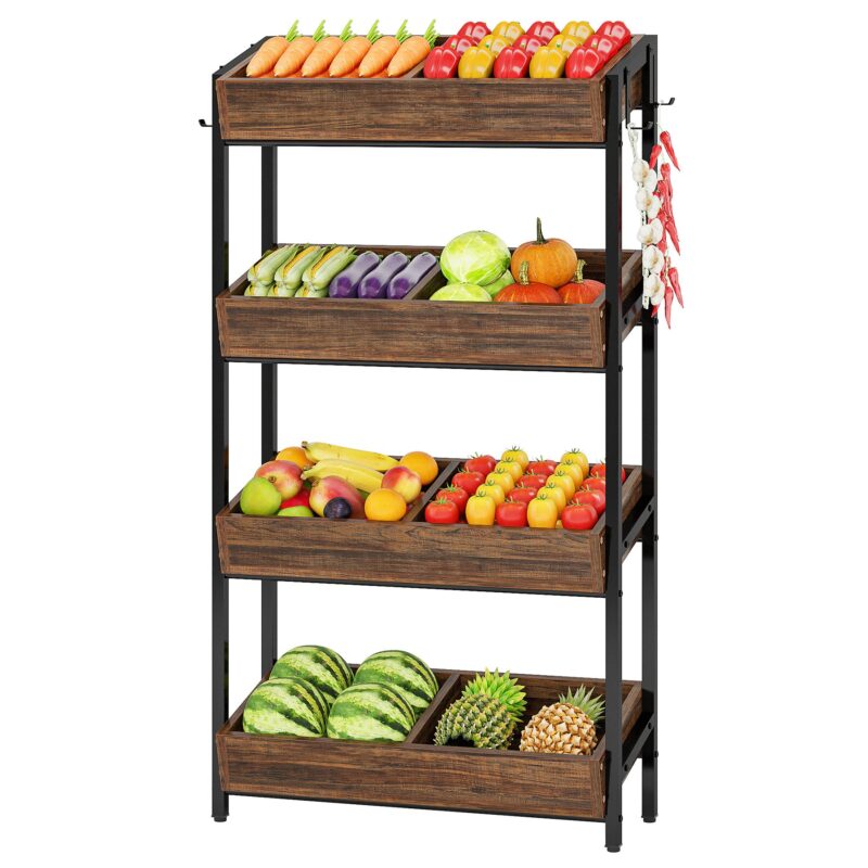 Wood Fruit Vegetable Storage Rack Stand, 4-Tier Storage Organizer