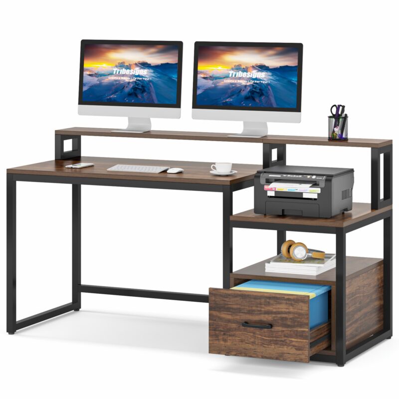 Computer Desk, 60" Desk with File Drawer and Shelves - Image 7